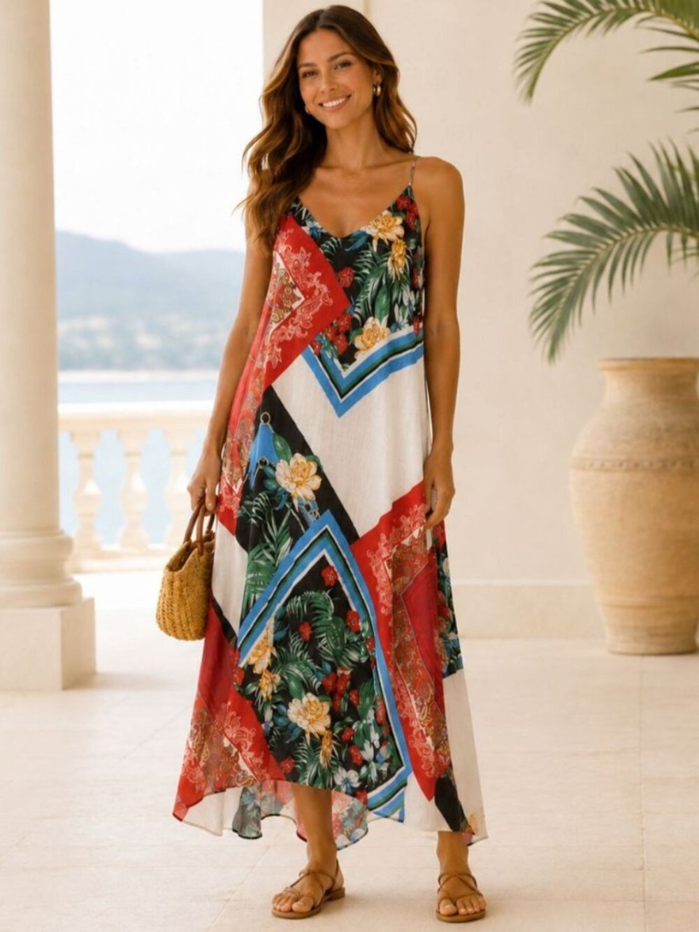 Zara Floral Paisley Maxi Dress V-Neck Spaghetti Strap Boho Tropical Size Small/X